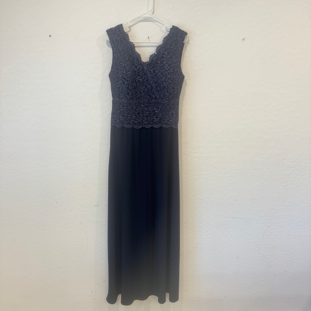Alex Evenings Surplice Neck Scallop A-Line Dress Navy Metallic Bodice Size 8